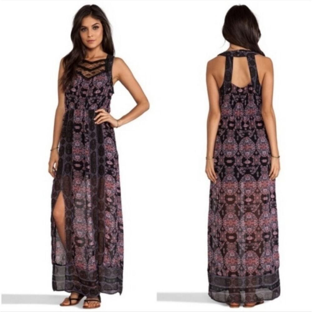 Free People Black and Pink Patterned Lace-Detail Maxi Dress